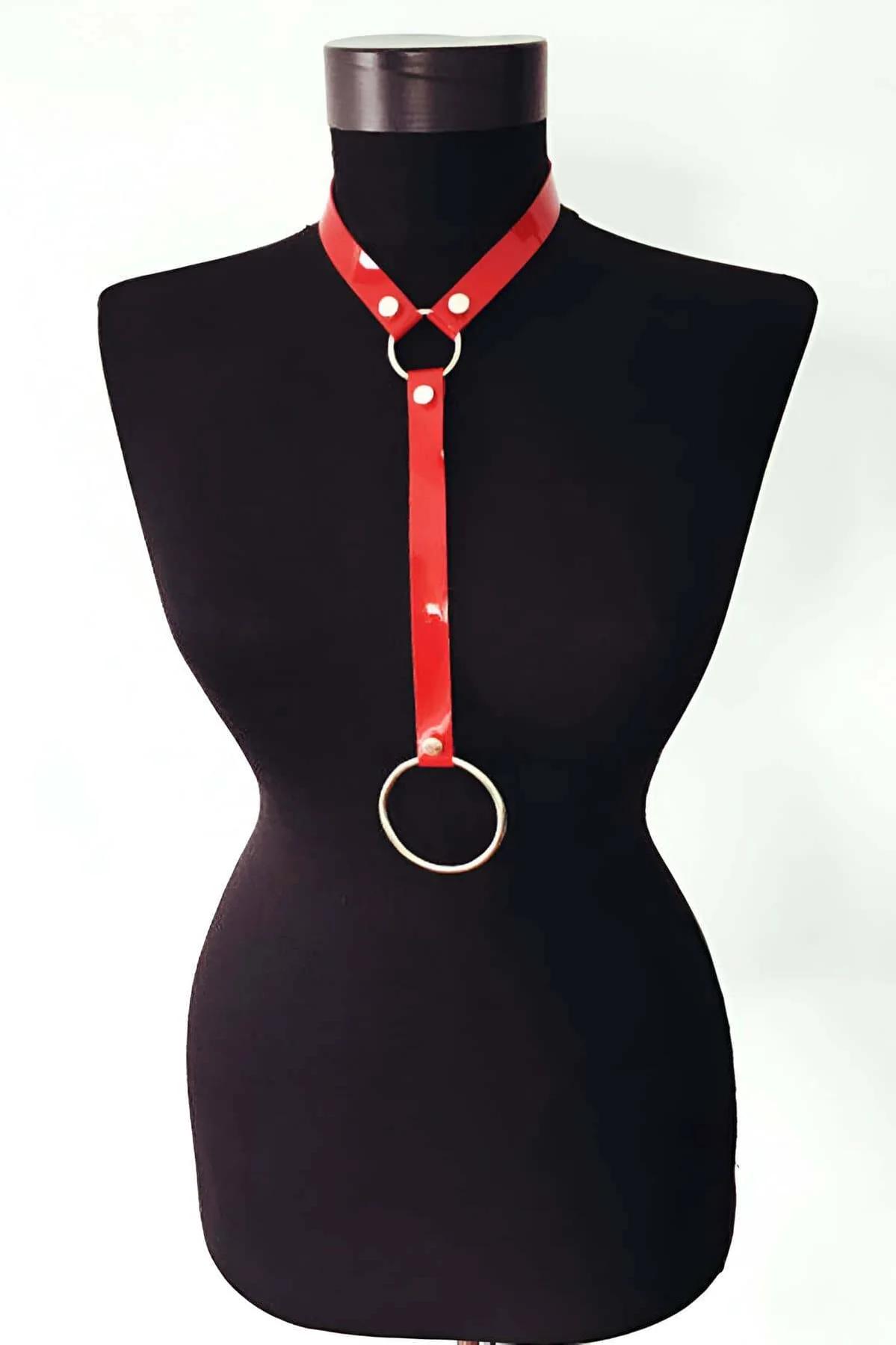 Red Body Harness Choker - Adjustable Faux Leather Top