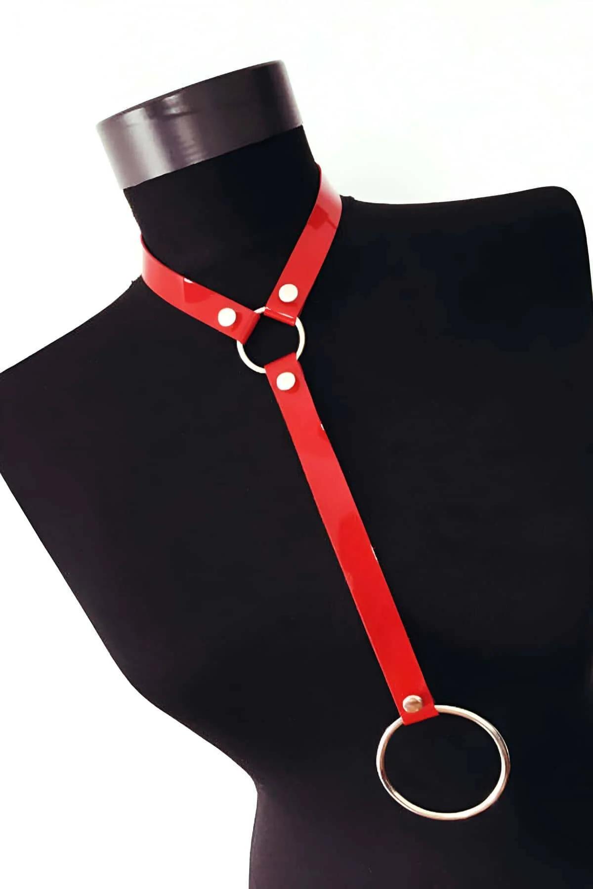 Red Body Harness Choker - Adjustable Faux Leather Top