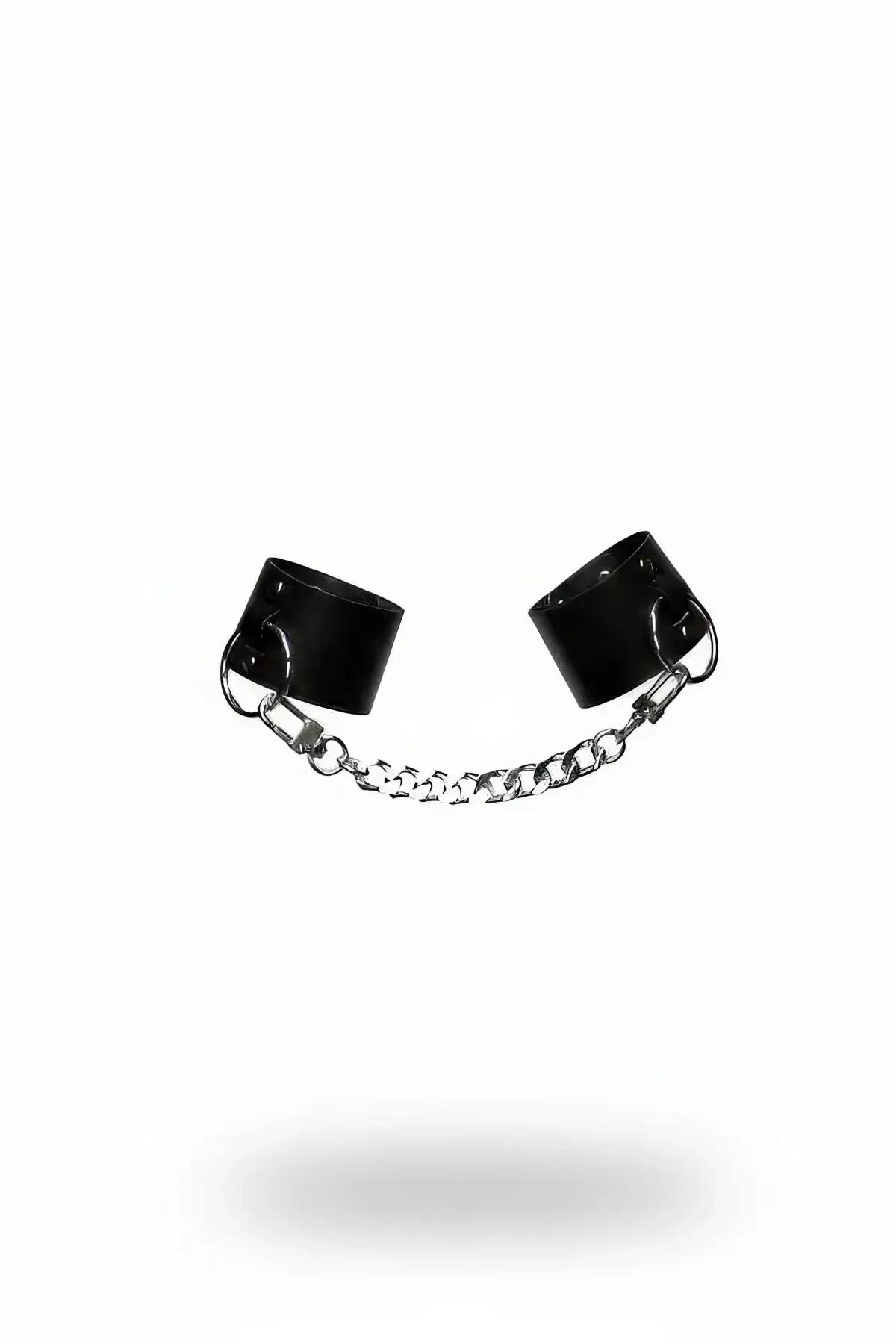 Black Faux Leather Cuffed Handcuffs with Chain