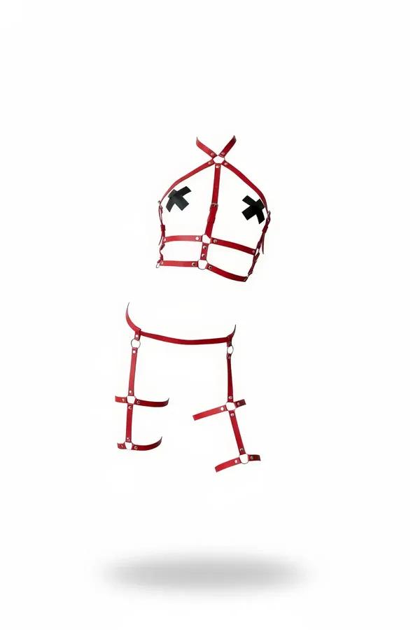 Red Caged Halter Body Harness with Thigh Garters