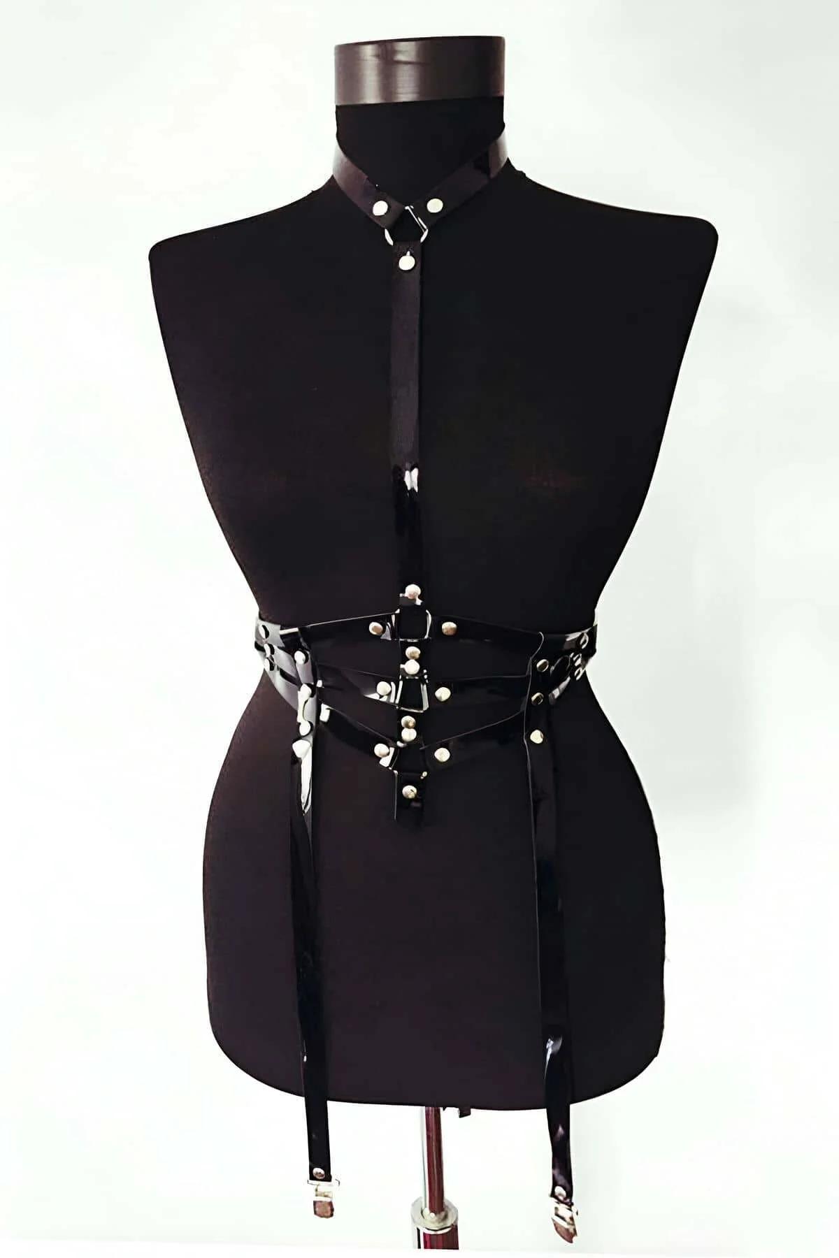 Adjustable Body Harness with Garter Straps - Faux Leather