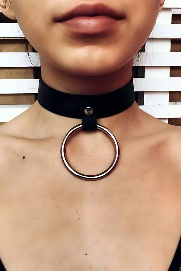 Black Faux Leather O-Ring Choker Necklace - Edgy Statement