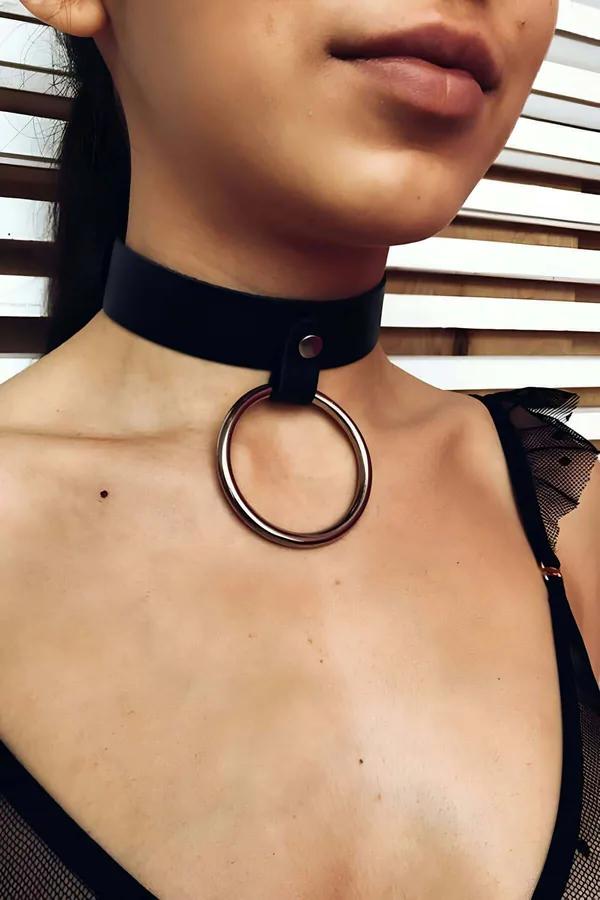 Black Faux Leather O-Ring Choker Necklace - Edgy Statement