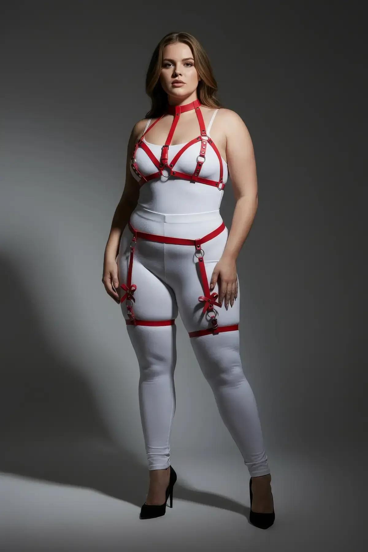 Red Faux Leather Garter Harness with Bow Detail