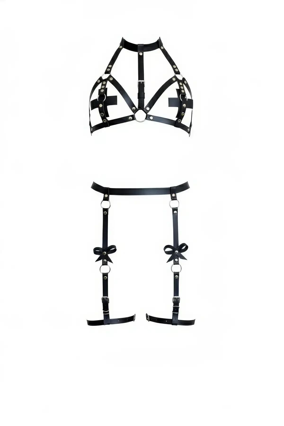 High Neck Caged Harness Bra with Bow-Detail Leg Garters