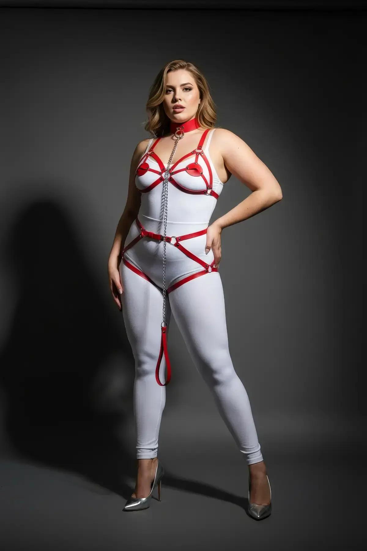 Red Chain Detail Body Harness with Garter Straps