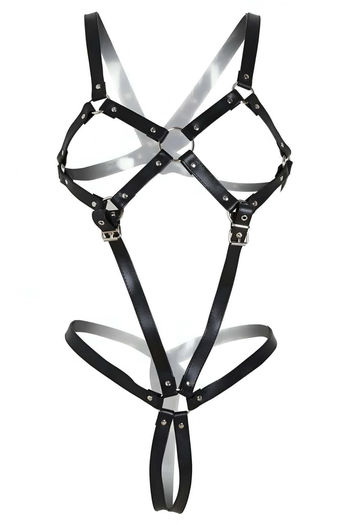 Adjustable Faux Leather Body Harness with O-Rings and Buckles