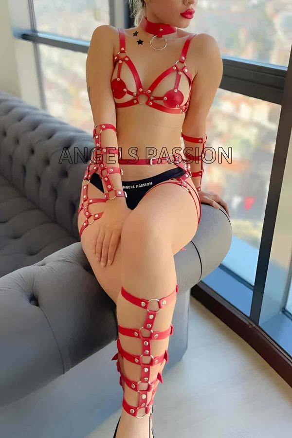 Women's Red Body Harness Set with Adjustable Straps