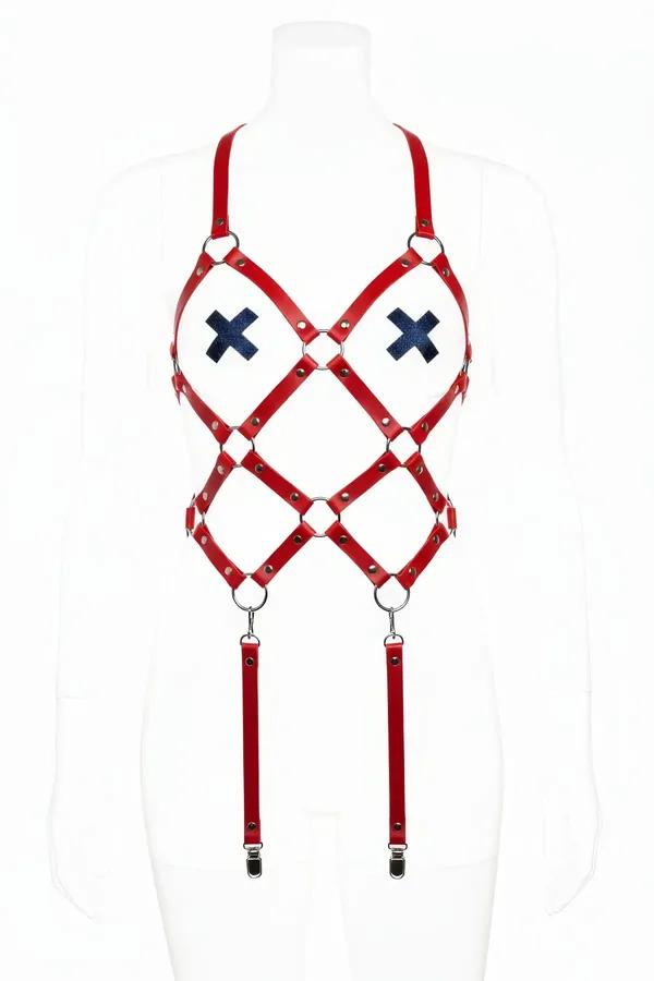 Body Harness Red Faux Leather Cage with X Detail Straps