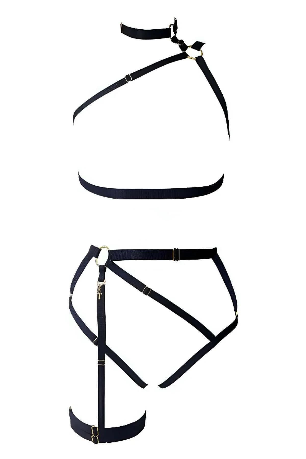 Women's Adjustable Body Harness Lingerie Set with Leg Garter