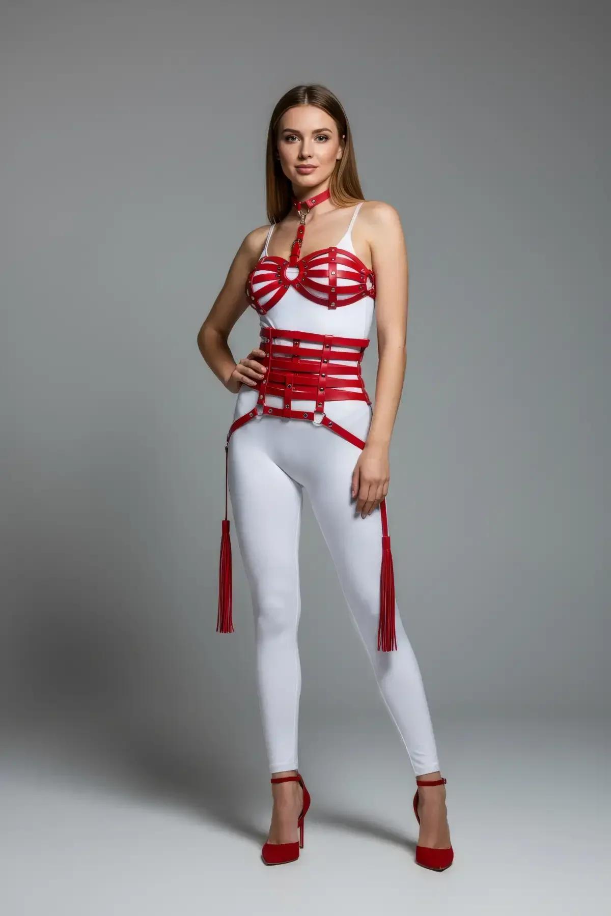 Red Vegan Leather Harness Suit with Tassels
