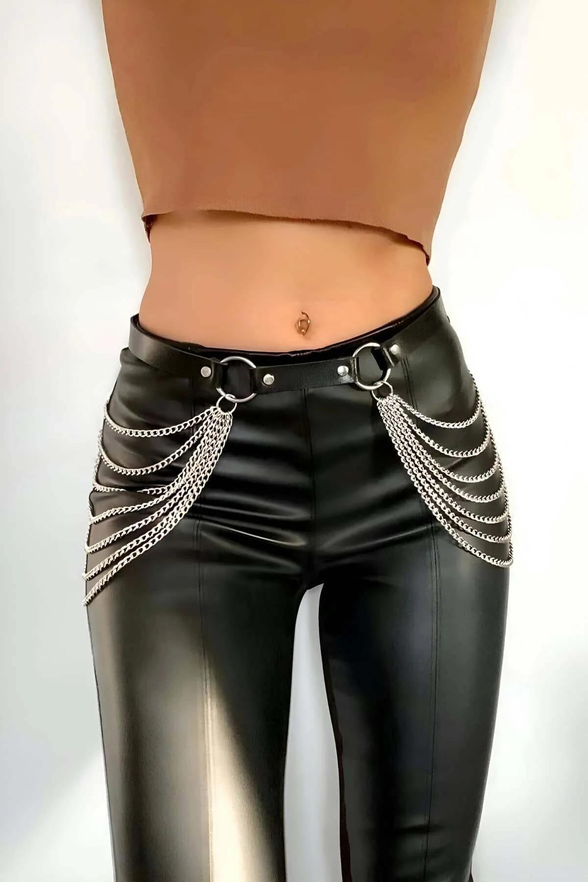 Women's Chain Belt: Faux Leather with Draped Silver Chains