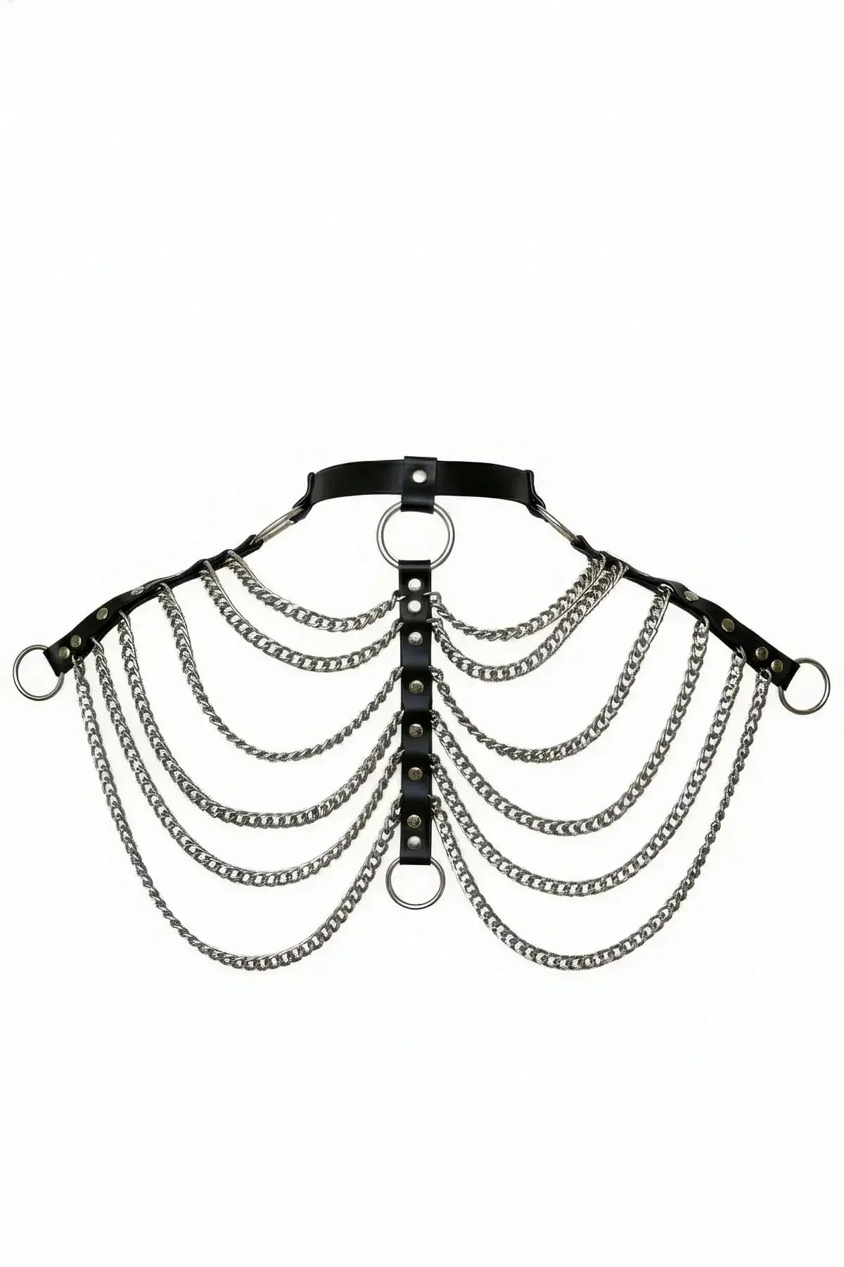 Cascading Chain Harness with Faux Leather Collar