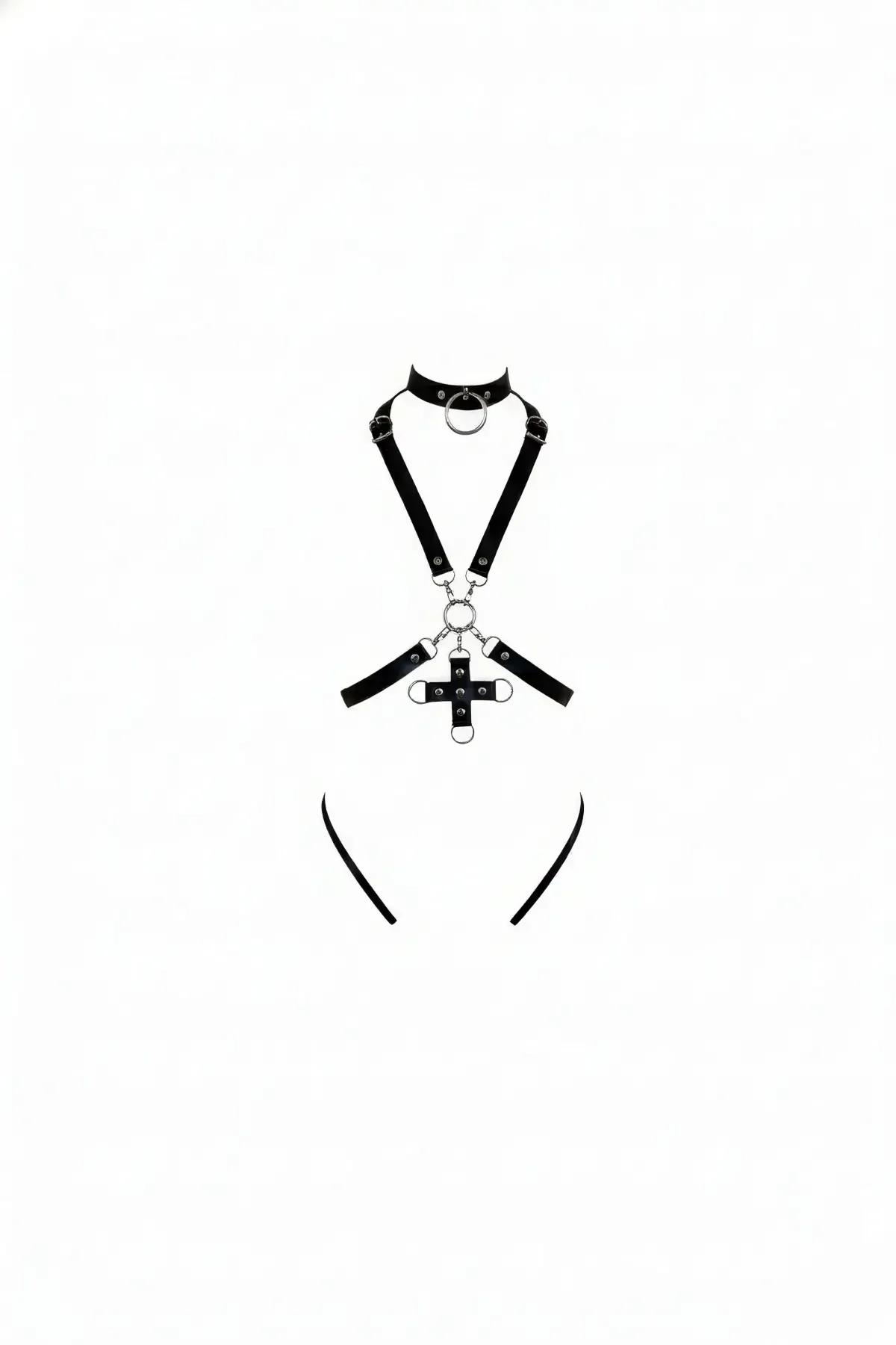 Faux Leather Body Harness with Choker & Cross Pendant