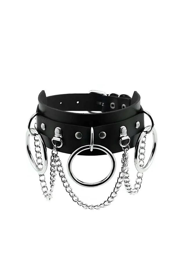 Adjustable Choker Collar with Rings and Chains Faux Leather
