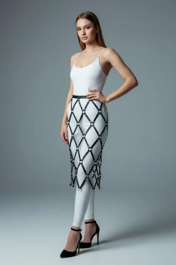 Caged Faux Leather Overlay Skirt with O-Rings