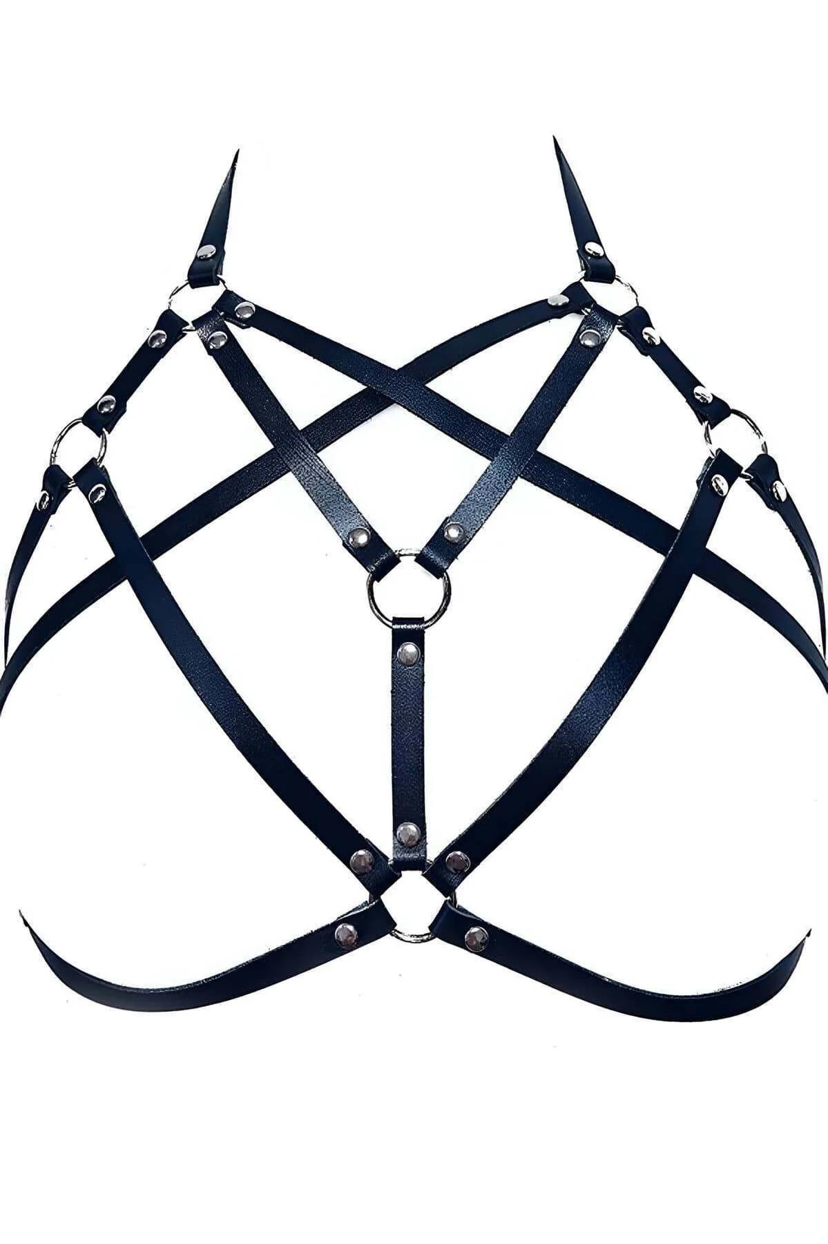 Black Faux Leather Pentagram Chest Harness Top