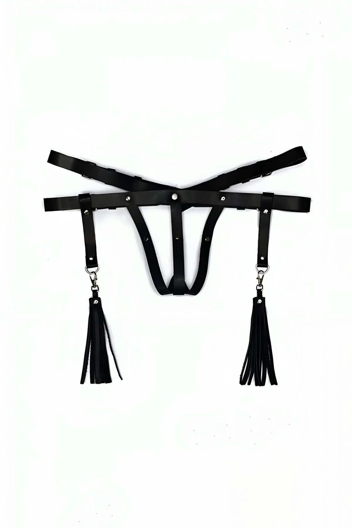 Thong Harness Adjustable Faux Leather with Tassels Black