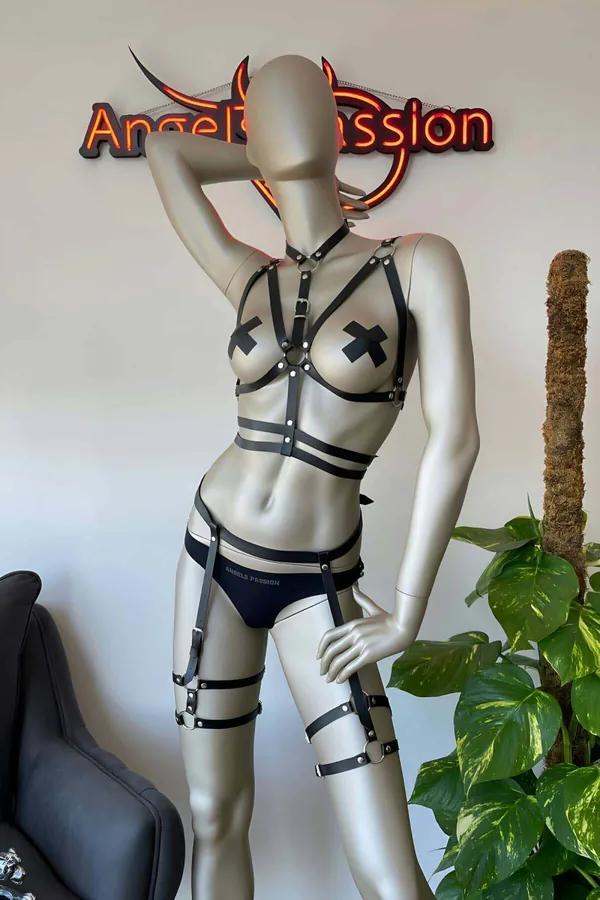 Black Faux Leather Harness and Garter Set Adjustable