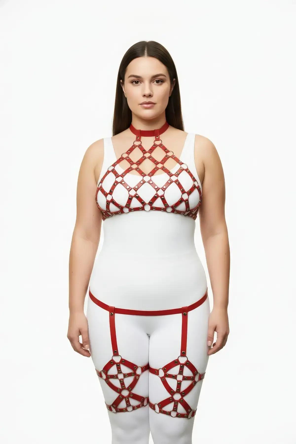 Red Mesh Caged Halter Harness & Garter Set