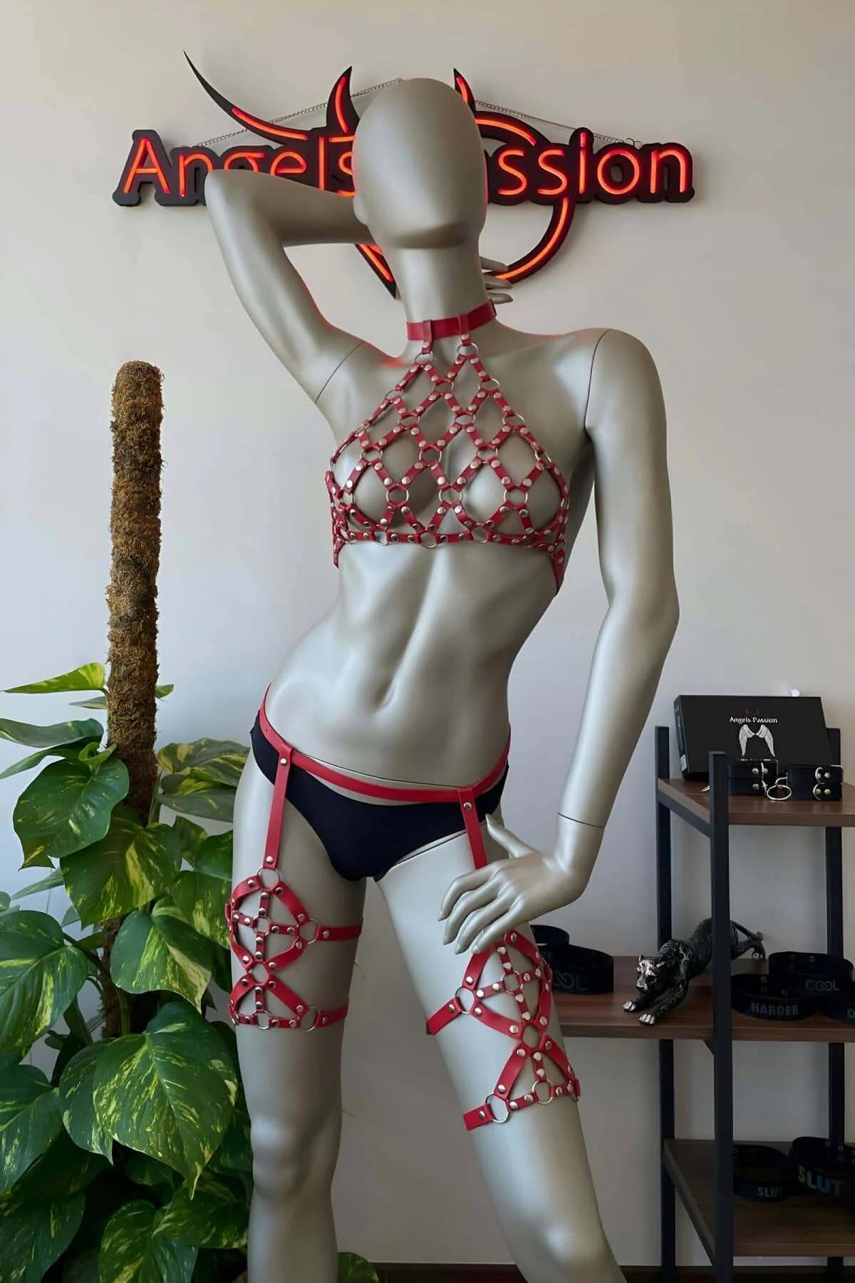 Red Faux Leather Body Harness & Garter Lingerie Set