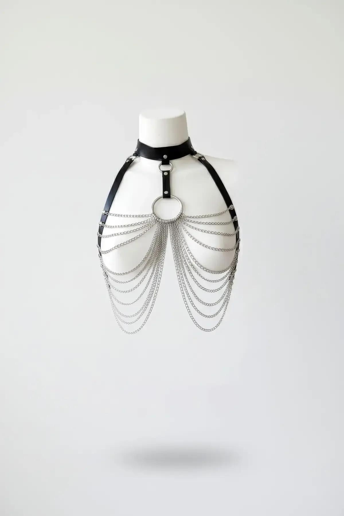 Chain Draped Faux Leather Chest Harness with O-Ring