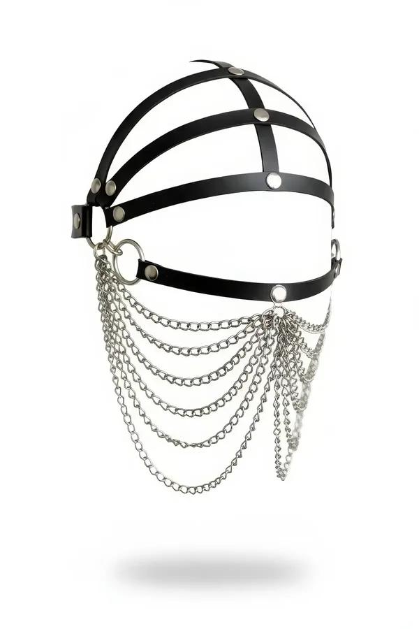 Faux Leather Full Face Mask with Draping Silver Chains