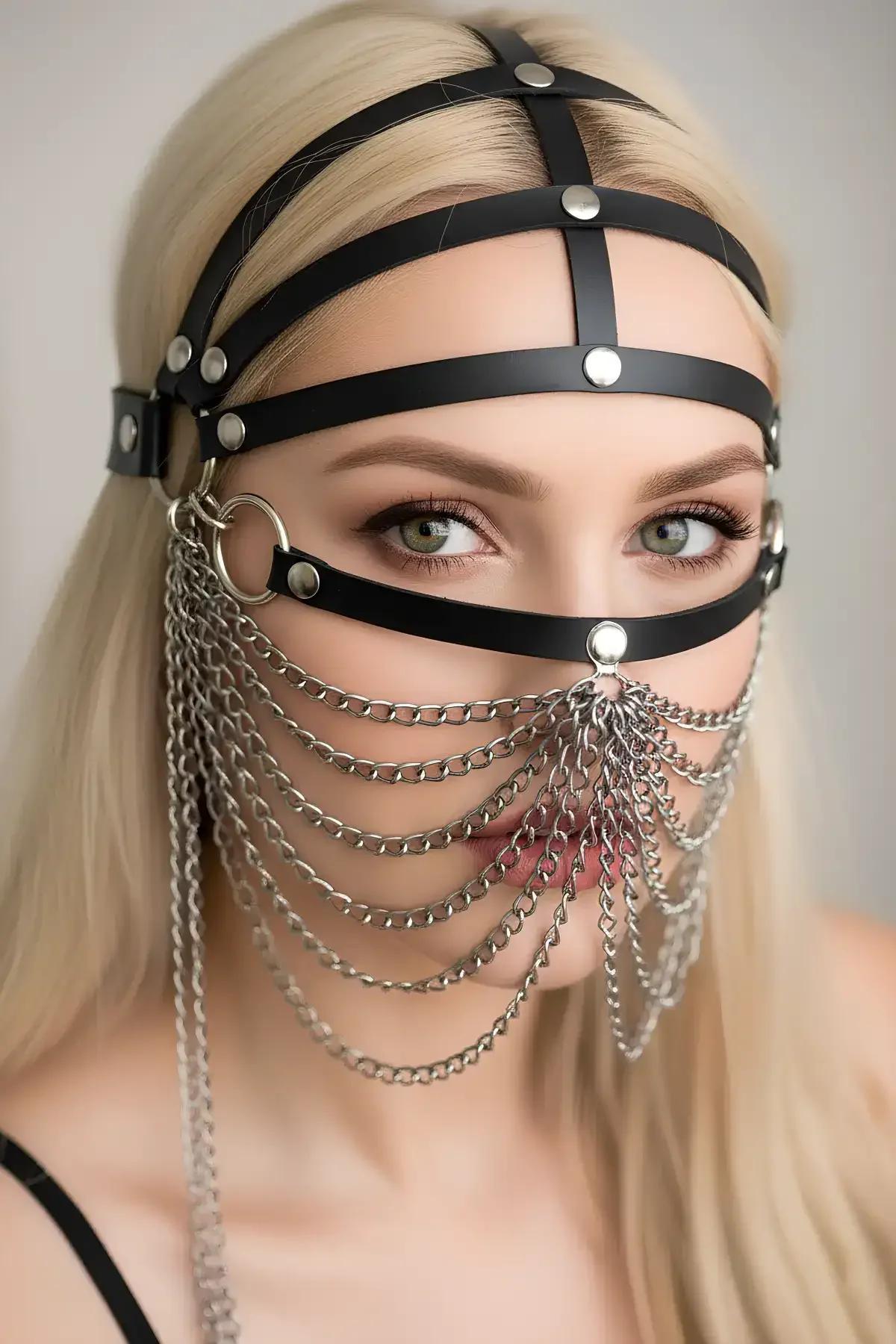 Adjustable Leather Chain Face Mask - Gothic Festival Style