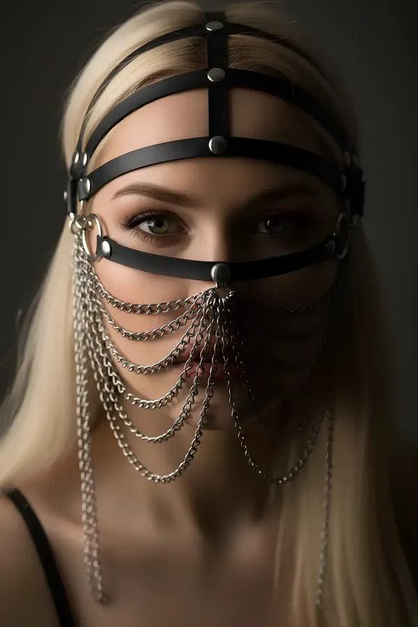 Faux Leather Face Harness with Draped Chain Veil