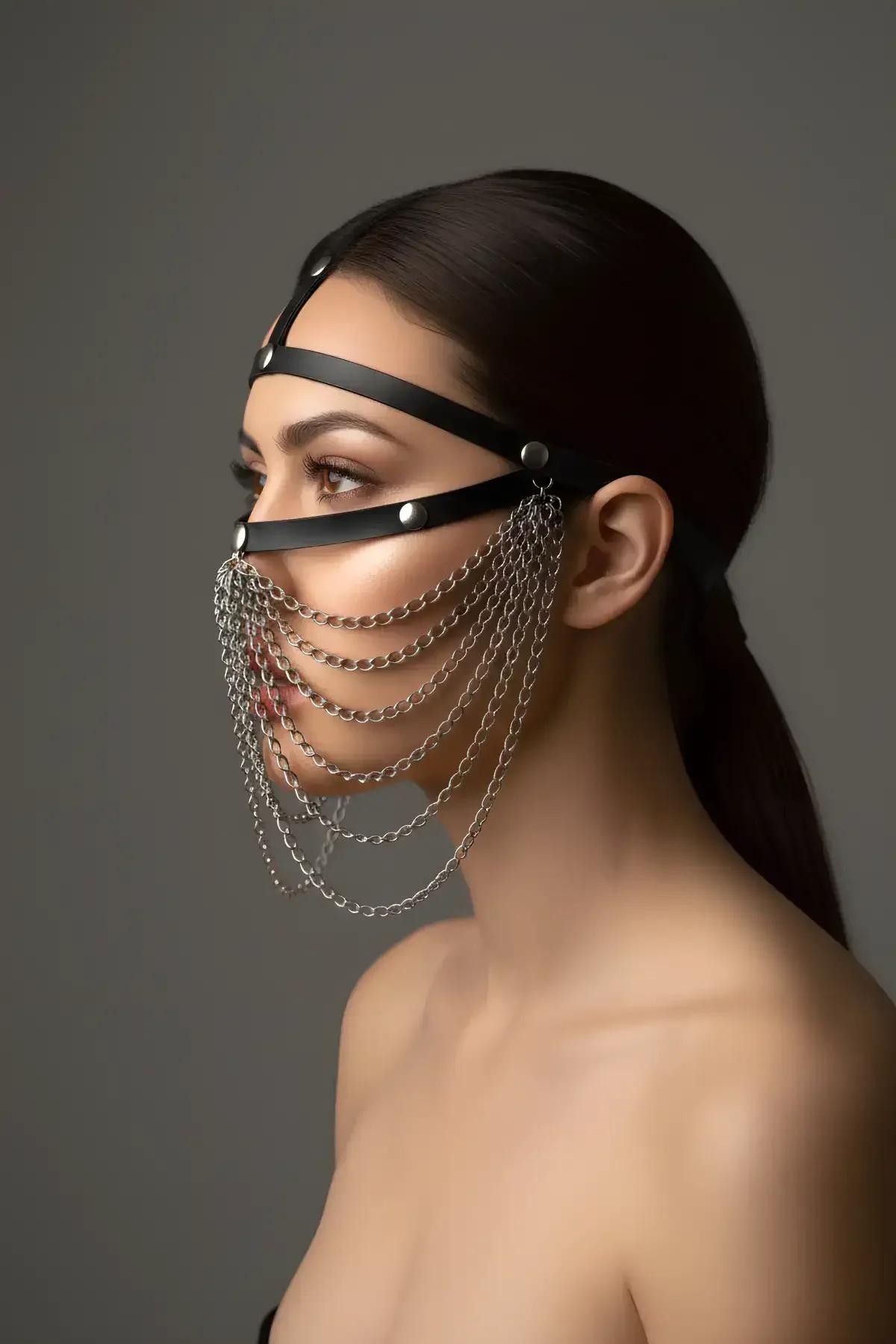 Adjustable Leather Chain Face Mask - Gothic Festival Style