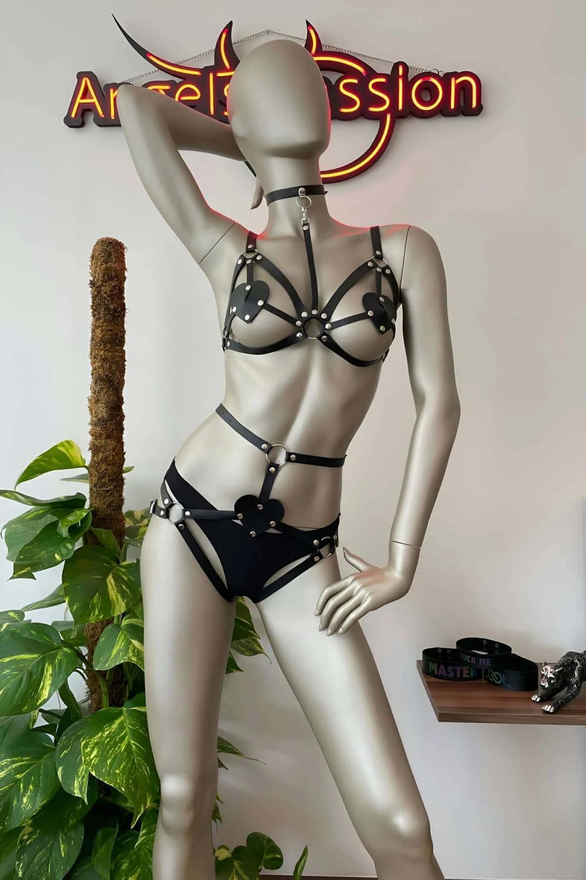 Women's Black Leather Garter Harness Bra Set