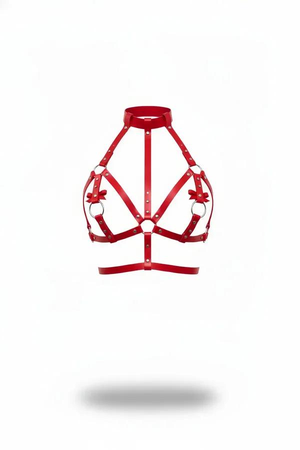Red Chest Harness Bra with High Collar & Bow Details