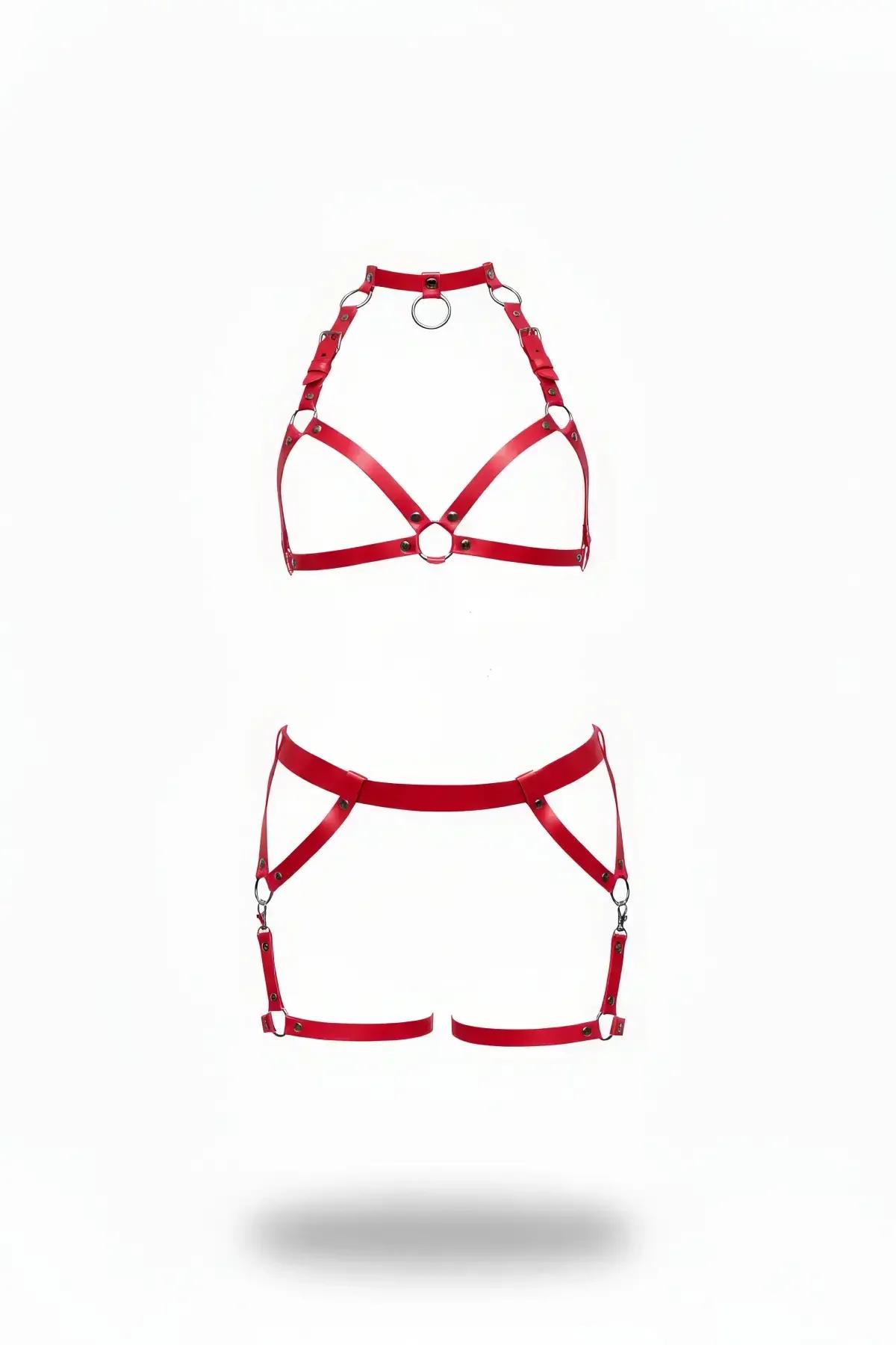 Red Faux Leather Halter Harness & Garter Shorts Set