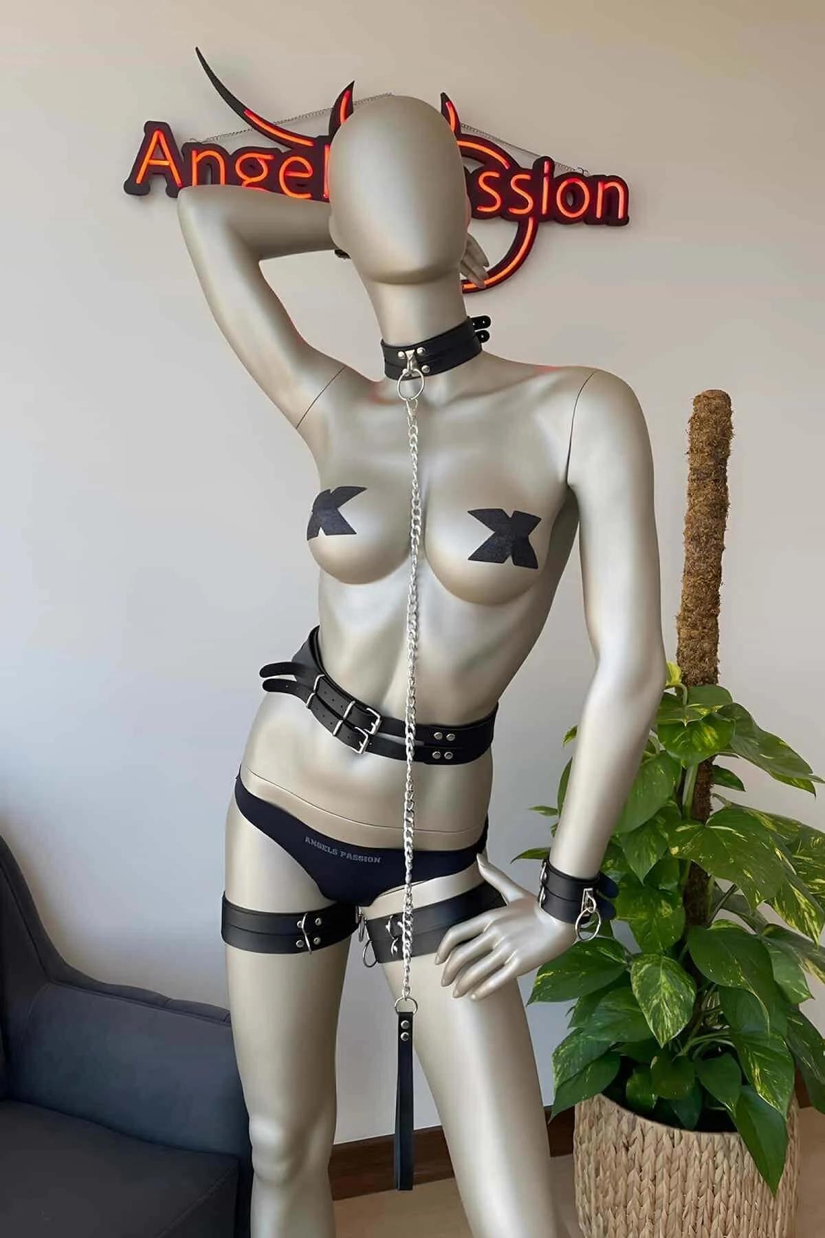 Faux Leather Body Harness Set with Leash & Cuffs