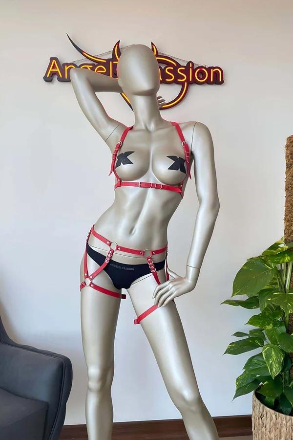 Red Faux Leather Caged Harness Bra & Garter Set