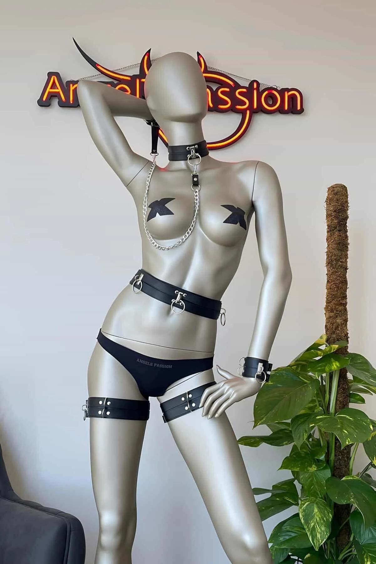 Faux Leather Adjustable Corset & Harness Lingerie Set with Leash