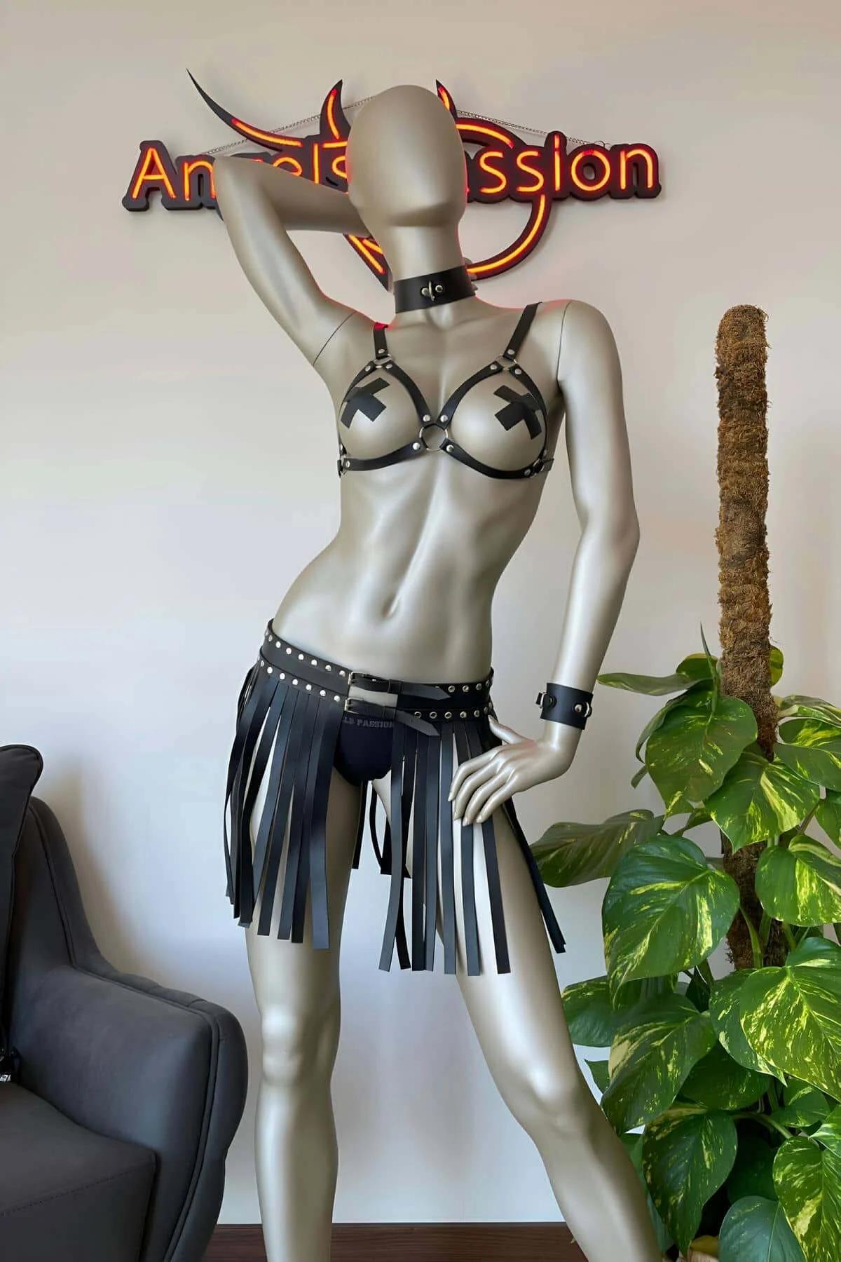 Faux Leather Harness Set with Tassel Skirt & Collar