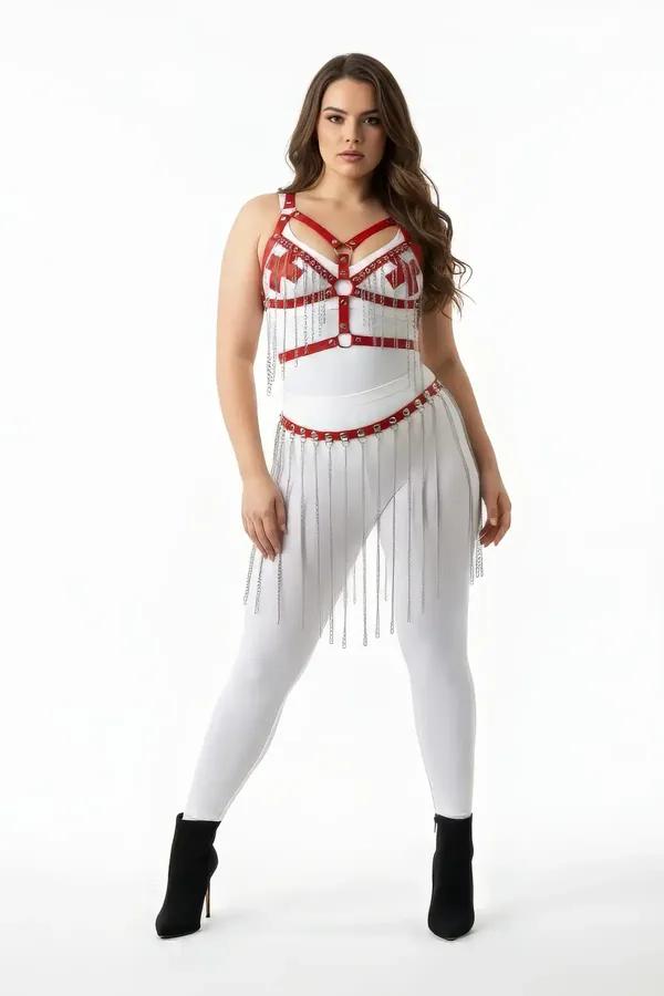 Faux Leather Body Harness with Fringe Skirt