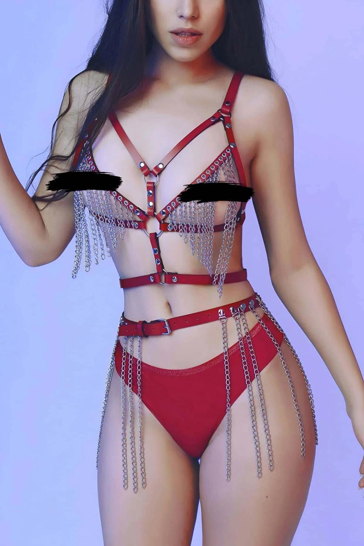 Red Faux Leather Chain Body Harness Set – Adjustable Style