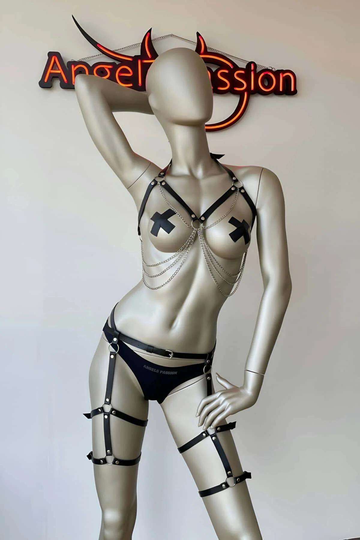 Body Harness Set with Garter & Chains | Adjustable Faux Leather