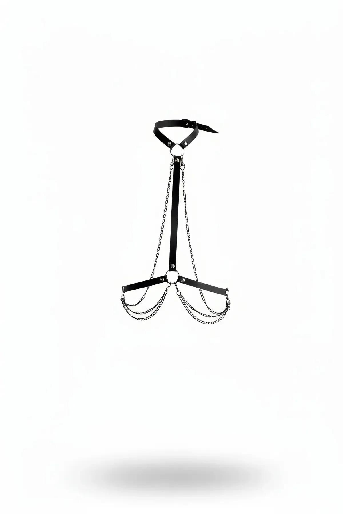 Faux Leather Chest Harness with Choker & Draped Chains