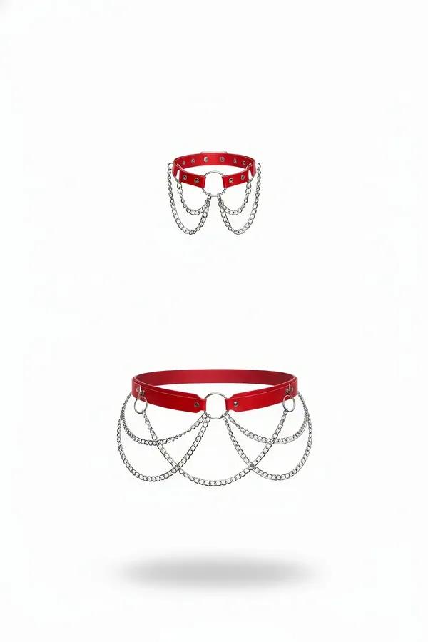 Red Faux Leather Waist Harness with Multi-Chain Drapes