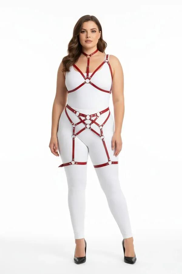 Red Strappy Body Harness Set with Garters and O-Rings