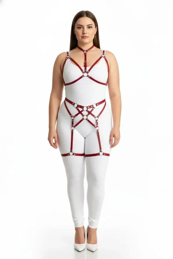 Red Strappy Body Harness Set with Garters and O-Rings