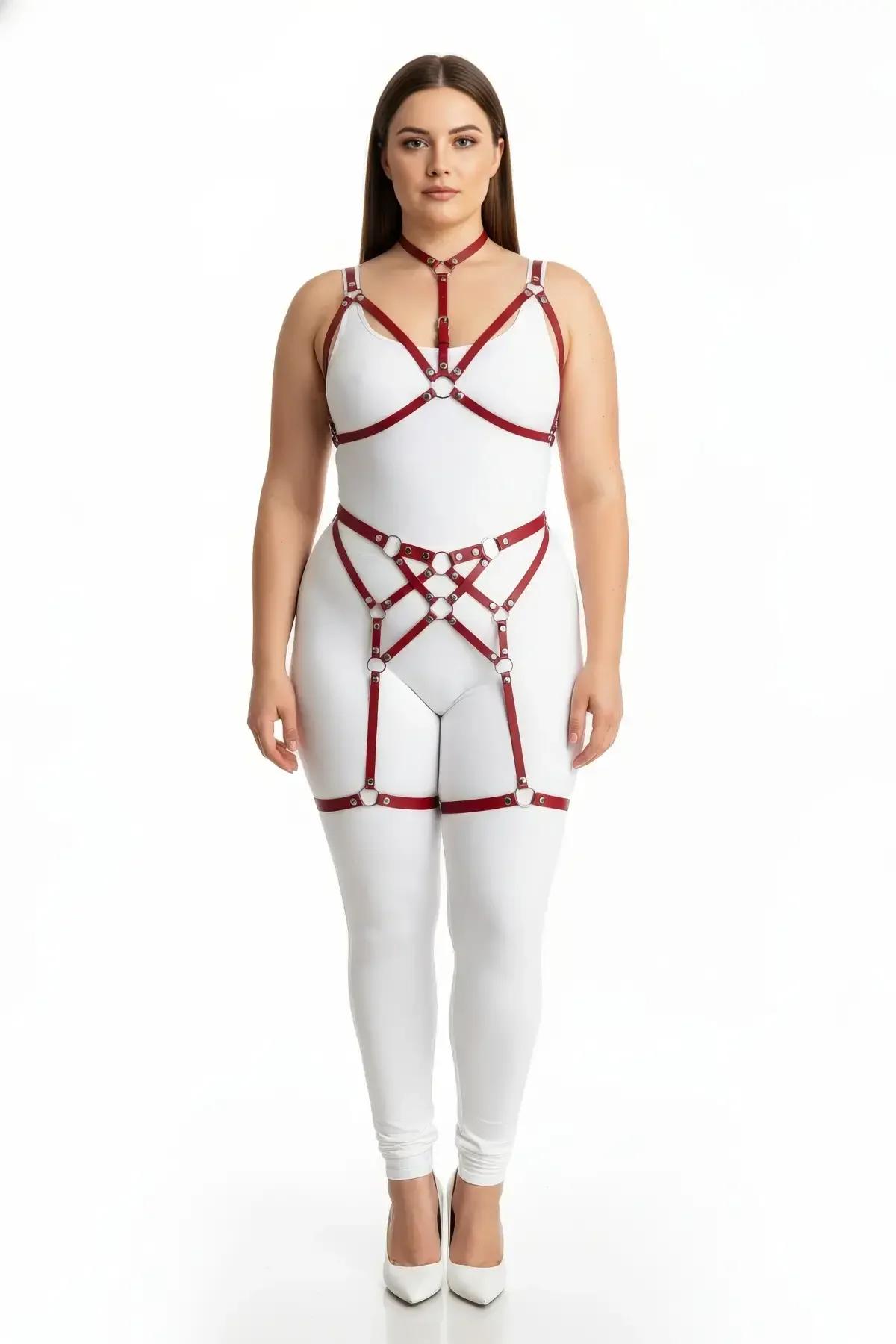 Red Strappy Body Harness Set with Garters and O-Rings