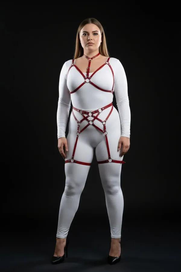 Red Strappy Body Harness Set with Garters and O-Rings