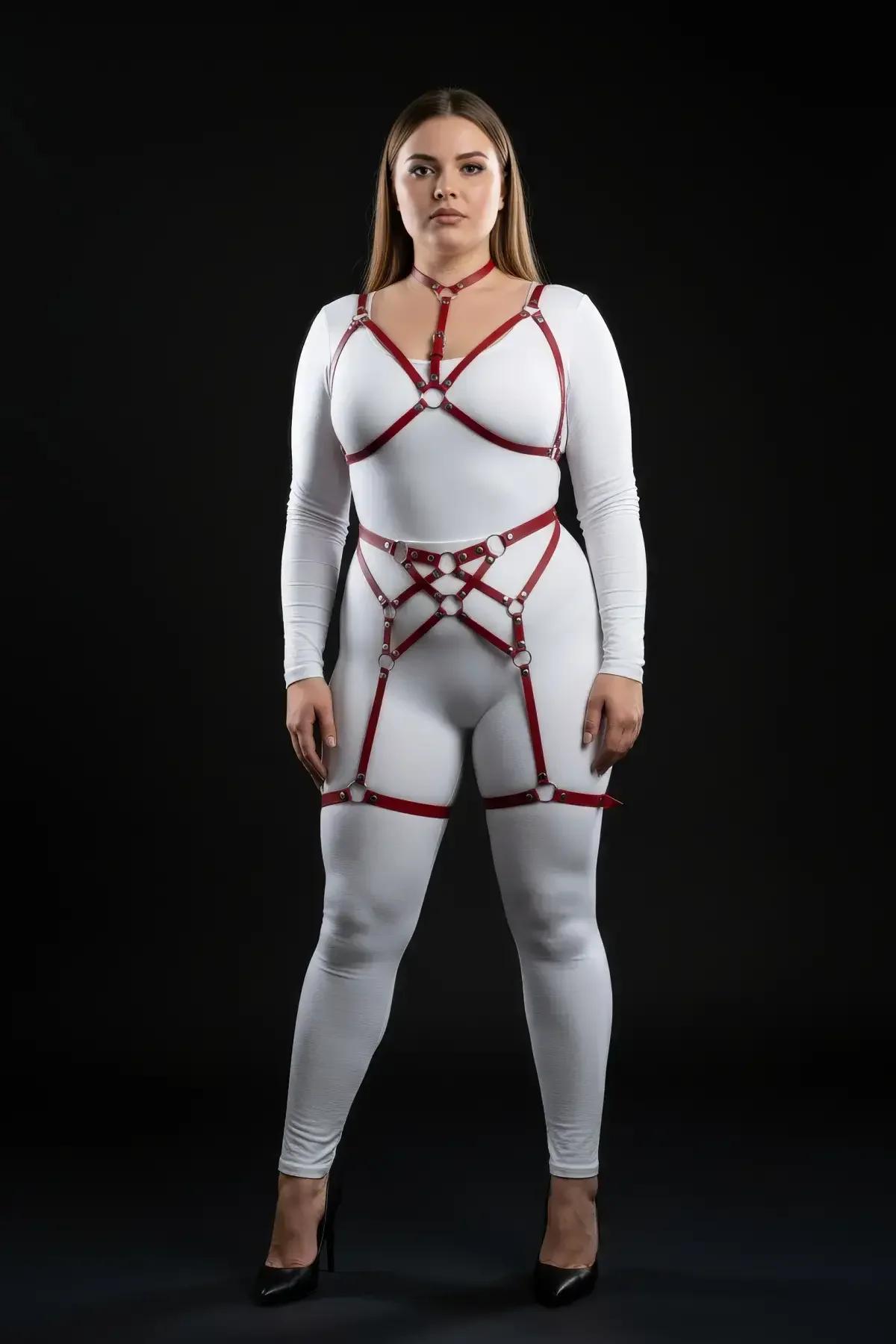 Red Strappy Body Harness Set with Garters and O-Rings