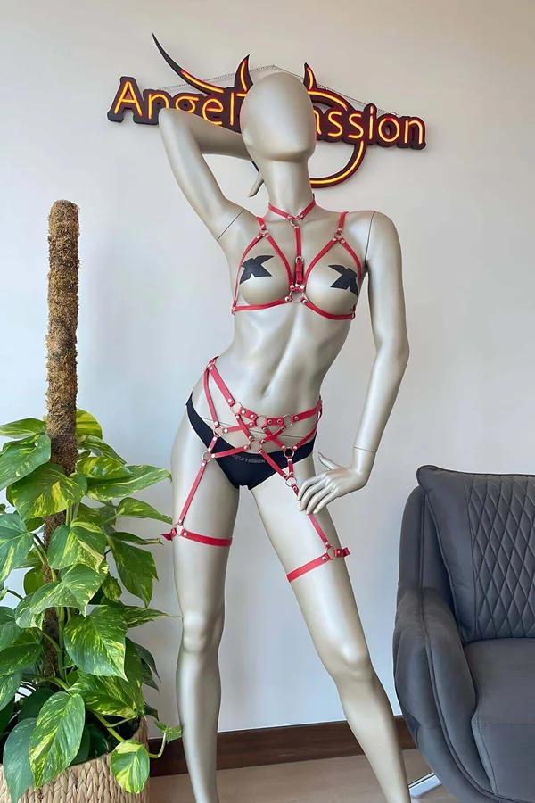 Red Faux Leather Body Harness Set - Adjustable Lingerie