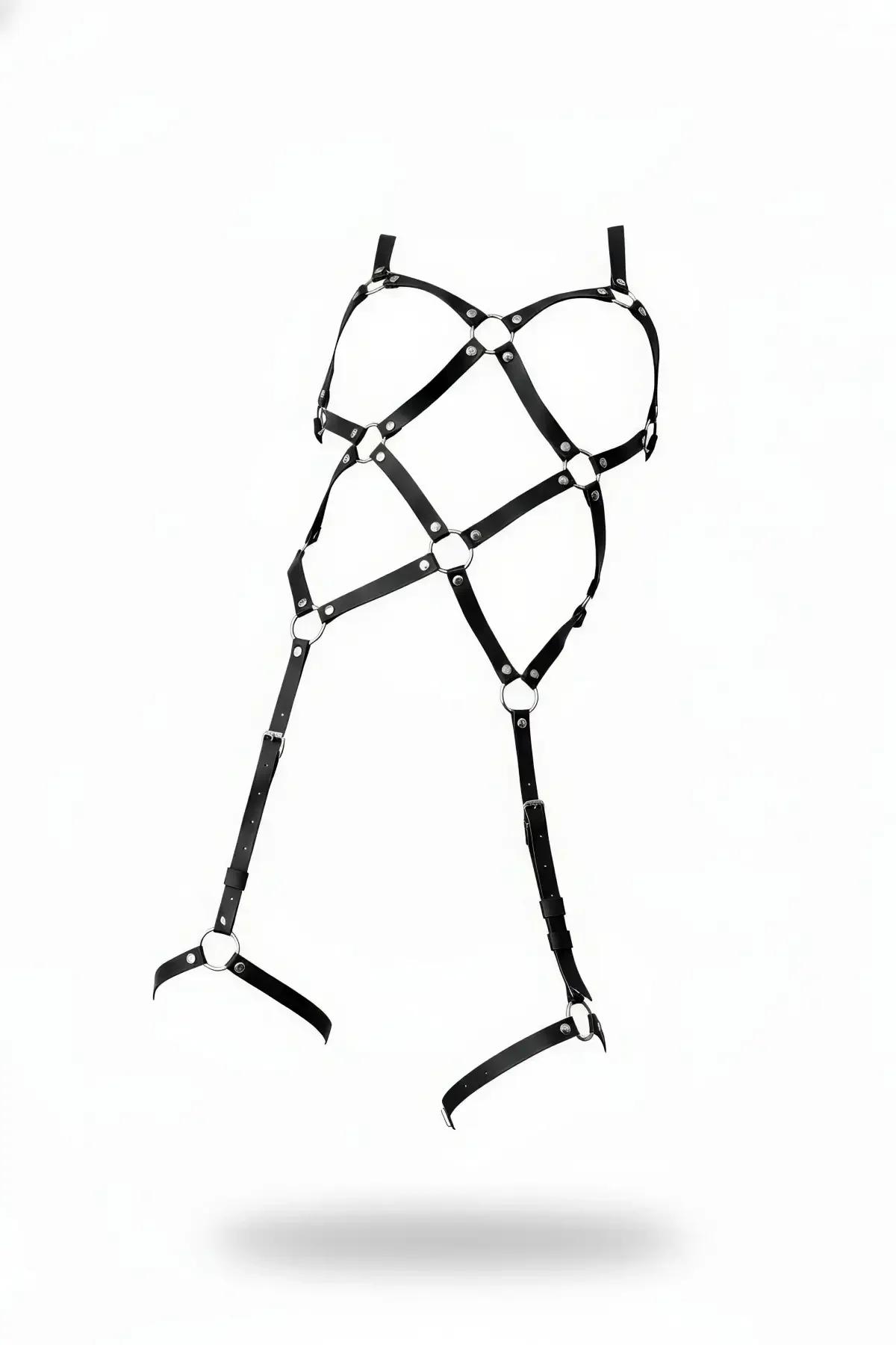 Caged Full Body Harness with Adjustable O-Ring Thigh Garters