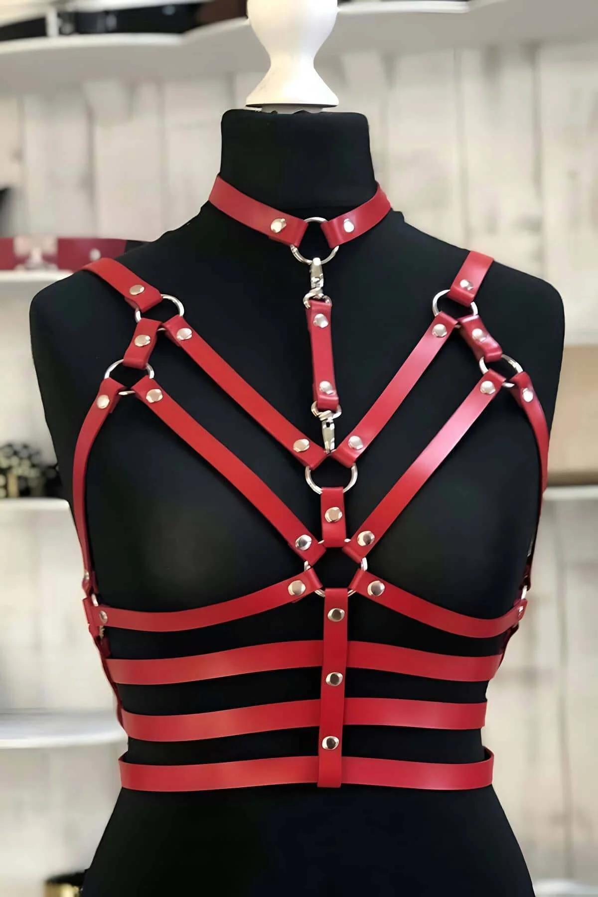 Red Faux Leather Body Harness with Choker and O-Rings